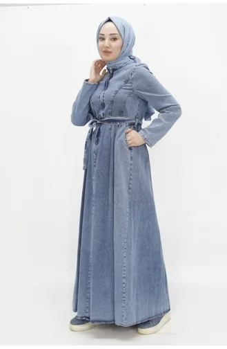 Robe En Jean Hijab Ceinturée Avec Fermeture Éclair Et Col 1659-01 Bleu Glace 1659-01