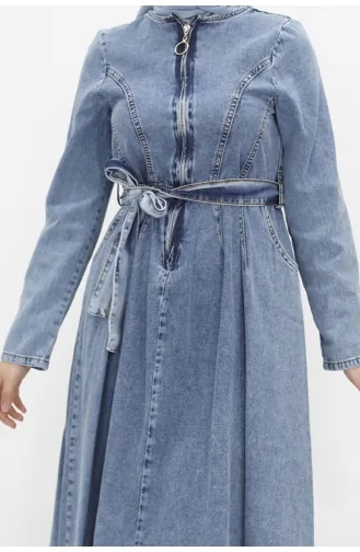 Robe En Jean Hijab Ceinturée Avec Fermeture Éclair Et Col 1659-01 Bleu Glace 1659-01