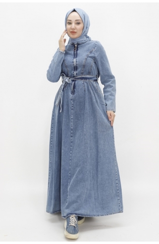 Robe En Jean Hijab Ceinturée Avec Fermeture Éclair Et Col 1659-01 Bleu Glace 1659-01