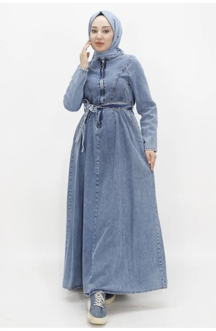 Robe En Jean Hijab Ceinturée Avec Fermeture Éclair Et Col 1659-01 Bleu Glace 1659-01