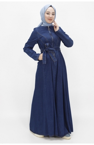 Robe En Jean Hijab Ceinturée Avec Fermeture Éclair Et Col 1659-02 Bleu Denim 1659-02