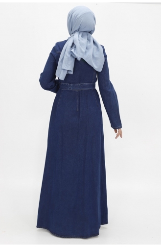 Robe En Jean Hijab Ceinturée Avec Fermeture Éclair Et Col 1659-02 Bleu Denim 1659-02