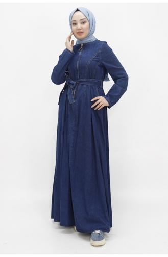 Robe En Jean Hijab Ceinturée Avec Fermeture Éclair Et Col 1659-02 Bleu Denim 1659-02