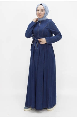 Robe En Jean Hijab Ceinturée Avec Fermeture Éclair Et Col 1659-02 Bleu Denim 1659-02