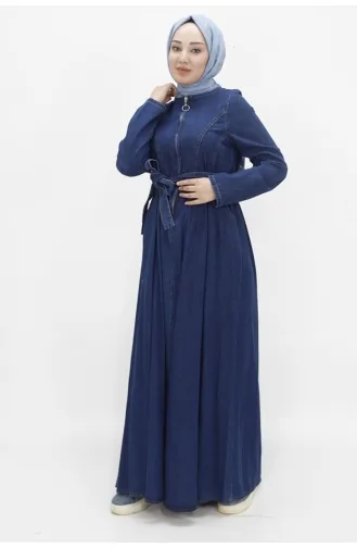Robe En Jean Hijab Ceinturée Avec Fermeture Éclair Et Col 1659-02 Bleu Denim 1659-02