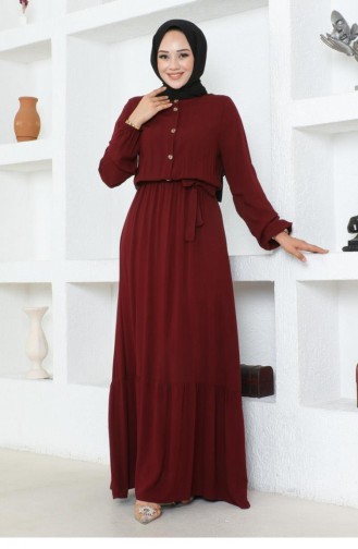 1122Sgs Viskosekleid Mit Knopfdetail Weinrot 16934