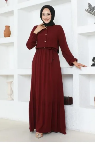 1122Sgs Düğme Detaylı Viskon Elbise Bordo
