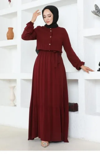 1122Sgs Düğme Detaylı Viskon Elbise Bordo