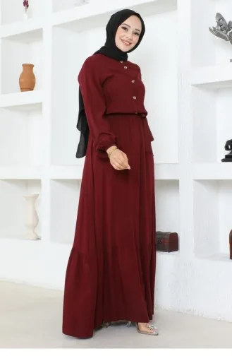 1122Sgs Düğme Detaylı Viskon Elbise Bordo