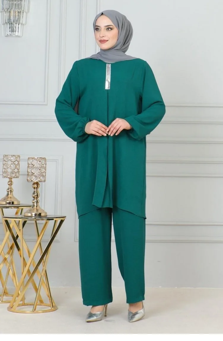0070Mp Sequin Detailed Hijab Suit Green 17058
