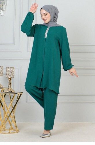 0070Mp Sequin Detailed Hijab Suit Green 17058