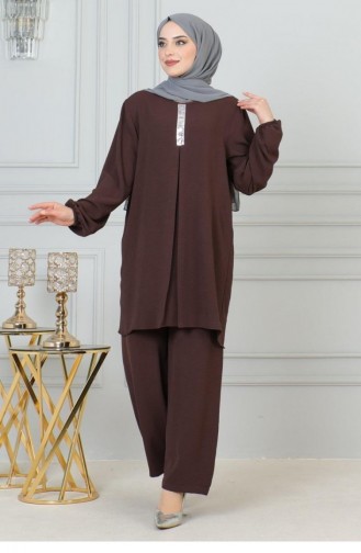 0070Mp Costume Hijab Détaillé À Paillettes Marron 17061