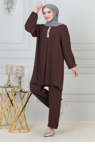 0070Mp Sequin Detailed Hijab Suit Brown 17061