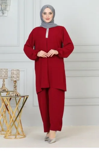 0070Mp Sequin Detailed Hijab Suit Claret Red 17062