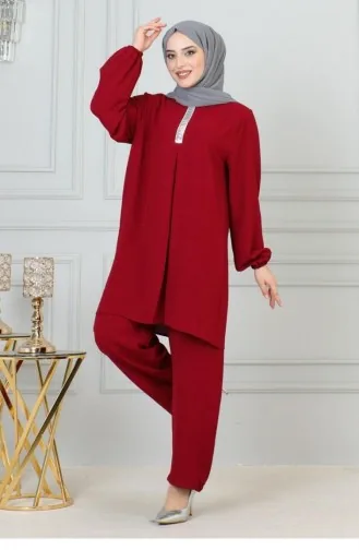 0070Mp Sequin Detailed Hijab Suit Claret Red 17062