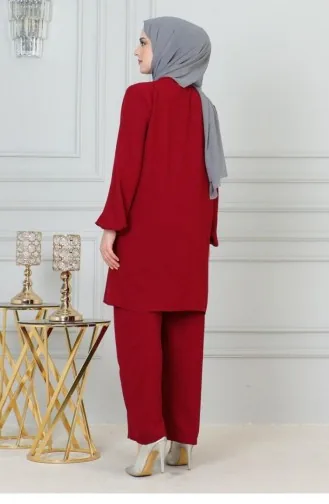 0070Mp Sequin Detailed Hijab Suit Claret Red 17062