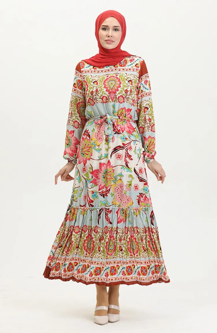 Robe Viscose A Volants Et Ceinturée 4599H-01 Khaki Rose Poudré 4599H-01