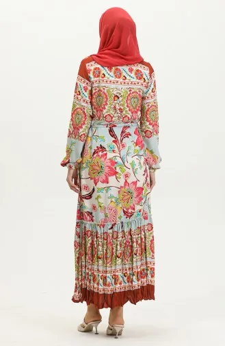 Robe Viscose A Volants Et Ceinturée 4599H-01 Khaki Rose Poudré 4599H-01