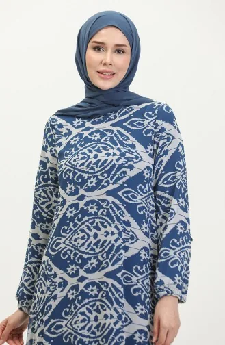 Büyük Beden Desenli Elbise Mavi 7820
