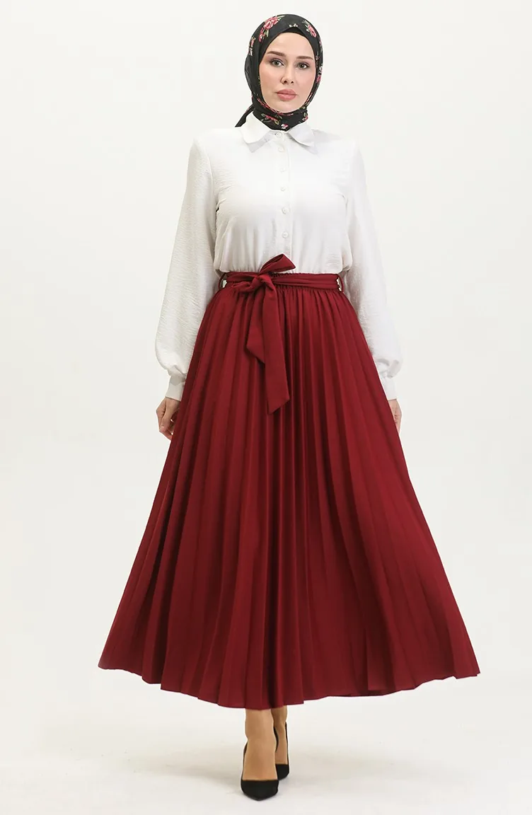 Gürteldetaillierter Plissierter Hijab-Rock Brc1505 1505-03 Weinrot 1505-03