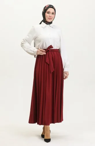 Gürteldetaillierter Plissierter Hijab-Rock Brc1505 1505-03 Weinrot 1505-03