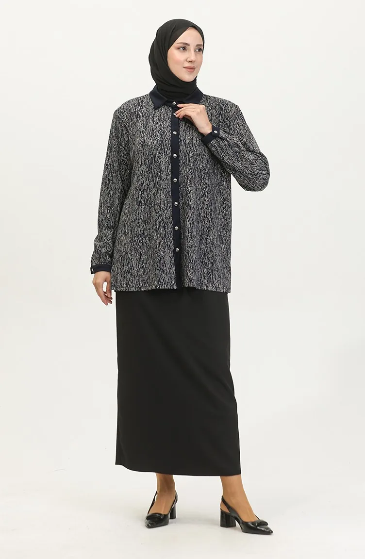 Large Size Patterned Shirt 3605C-01 Navy Blue 3605C-01