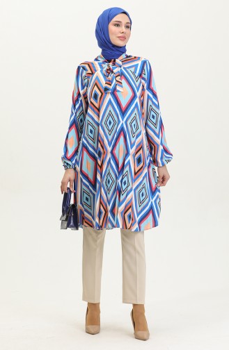 Grote Maat Satijnen Tuniek Met Patroon Blauw T1456 1087
