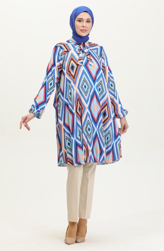 Grote Maat Satijnen Tuniek Met Patroon Blauw T1456 1087
