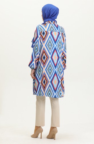 Grote Maat Satijnen Tuniek Met Patroon Blauw T1456 1087