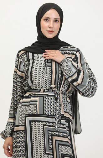 Amelya Farbalı Büyük Beden Kuşaklı Viskon Elbise 4588-01 Siyah Gri