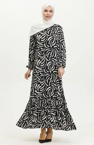 Robe Viscose à Motifs Jupe Plissée 2090-04 Noir Blanc 2090-04