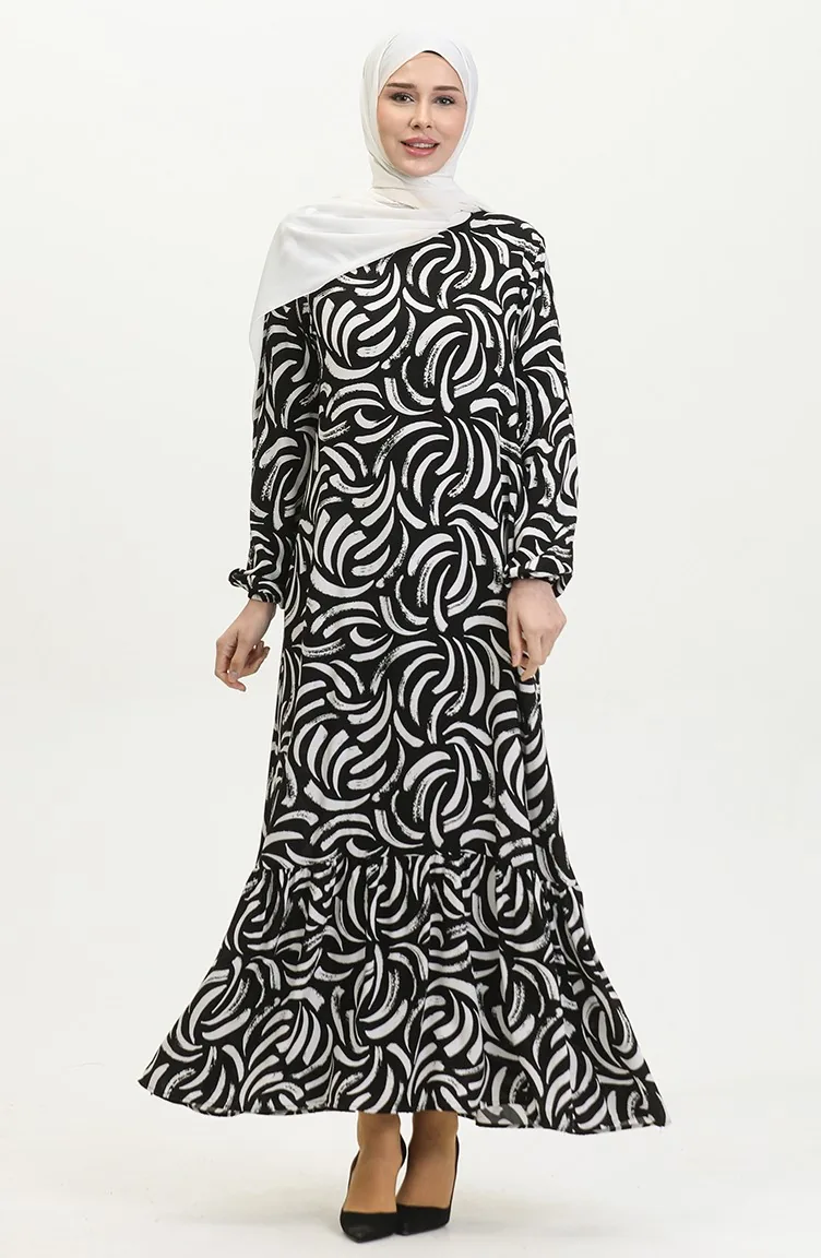 Robe Viscose à Motifs Jupe Plissée 2090-04 Noir Blanc 2090-04