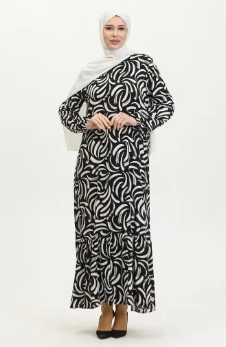 Robe Viscose à Motifs Jupe Plissée 2090-04 Noir Blanc 2090-04