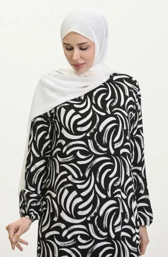 Robe Viscose à Motifs Jupe Plissée 2090-04 Noir Blanc 2090-04