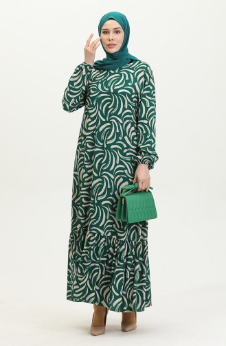 Shirred Skirt Patterned Viscose Dress 2090-03 Emerald Green Ecru 2090-03