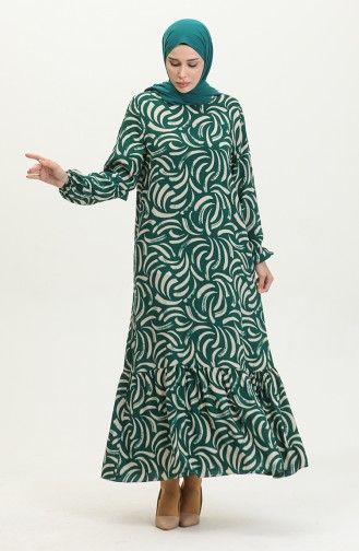 Shirred Skirt Patterned Viscose Dress 2090-03 Emerald Green Ecru 2090-03