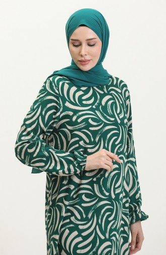 Shirred Skirt Patterned Viscose Dress 2090-03 Emerald Green Ecru 2090-03