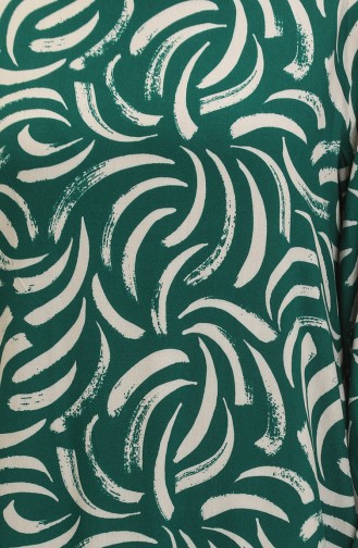 Shirred Skirt Patterned Viscose Dress 2090-03 Emerald Green Ecru 2090-03
