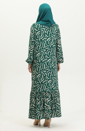 Shirred Skirt Patterned Viscose Dress 2090-03 Emerald Green Ecru 2090-03