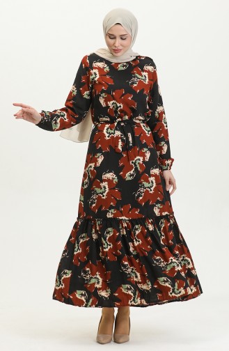 Alisa Robe Evasée En Viscose à Ceinture 4599C-02 Noir Carreau 4599C-02