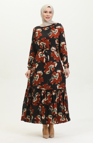 Alisa Robe Evasée En Viscose à Ceinture 4599C-02 Noir Carreau 4599C-02
