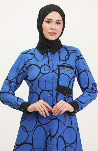 Bağcık Detaylı Desenli Tunik Saks G3087