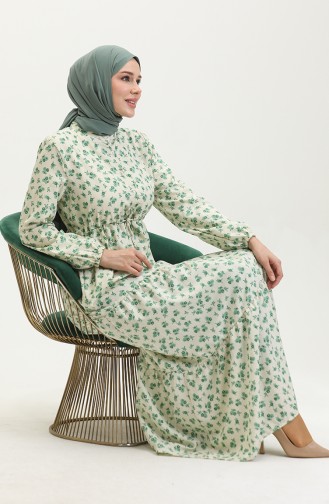 Robe A Motifs Fleur 0402-04 Beige Vert 0402-04