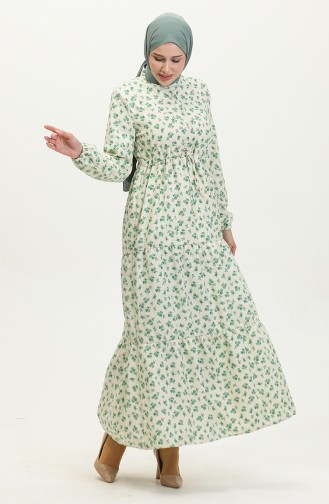 Robe A Motifs Fleur 0402-04 Beige Vert 0402-04