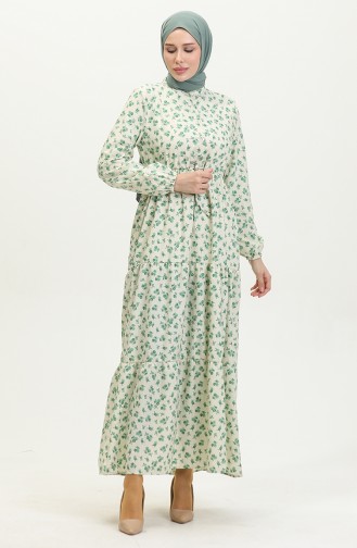 Robe A Motifs Fleur 0402-04 Beige Vert 0402-04