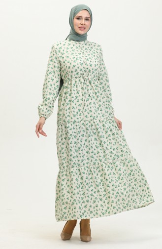 Robe A Motifs Fleur 0402-04 Beige Vert 0402-04