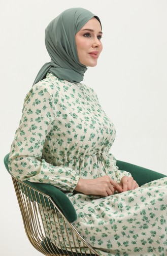 Robe A Motifs Fleur 0402-04 Beige Vert 0402-04