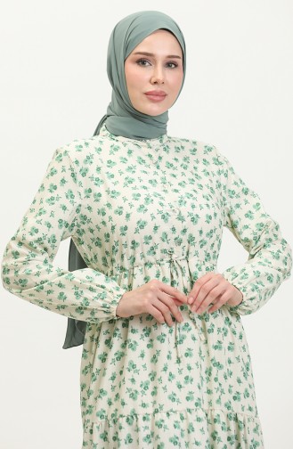 Robe A Motifs Fleur 0402-04 Beige Vert 0402-04