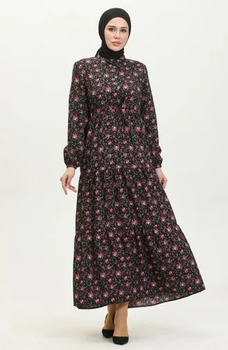 فستان بنقش أزهار 0401-01 أسود 0401-01