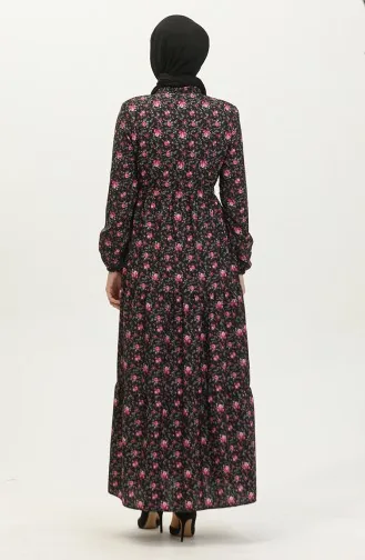 فستان بنقش أزهار 0401-01 أسود 0401-01